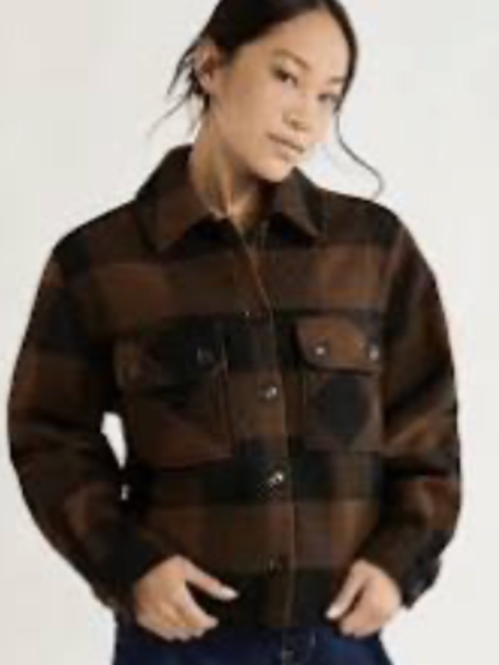 Free Assembly Brown and Black. Plaid Wool Blend Cropped Shacket. Size S. NWT